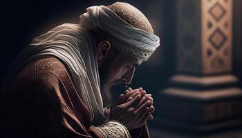 Illustration of Muslim man praying in the mosque created with ai tools photo