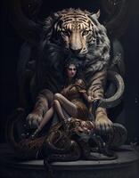 Women riding tiger realistic illustration created with ai tools photo