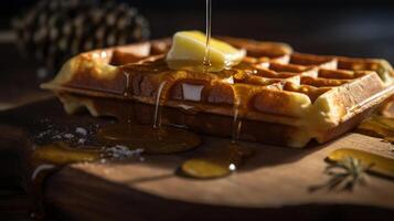 Waffle with butter and maple syrup Illustration photo