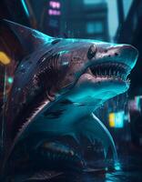 Cyberpunk shark realistic illustration created with ai tools photo