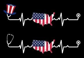 Stethoscope, Heart Beat pulse line with USA Flag Map vector