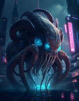 Cyberpunk octopus with neon light created with ai tools photo