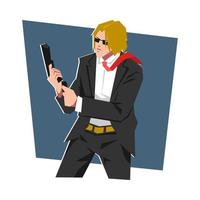 cool secret agent, bodyguard or assassin holding gun weapon, handgun. reload bullet. concept of crime, movie, action, actor, etc. flat vector illustration.