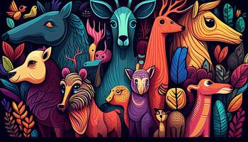 Colorful animals doodle background created with ai tools photo