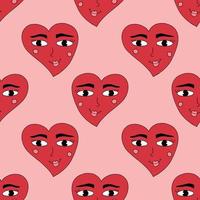 Cute happy groovy heart shape with face seamless pattern. Festive love background. vector