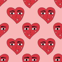 Cute happy groovy heart shape with face seamless pattern. Festive love background. vector