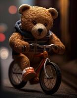 Teddy bear riding a bike created with ai tools photo