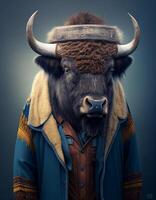 Buffalo wearing fashionable outfit created with ai tools photo