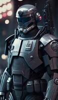 Ultra realistic 3d illustration of a policeman wearing a futuristic robot costume, photo