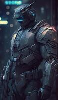 Ultra realistic 3d illustration of a policeman wearing a futuristic robot costume, photo