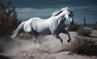 blanco caballo Galopando en el desierto. ilustración ai generativo foto