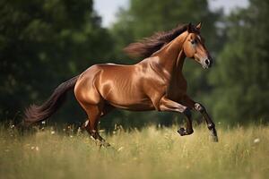Brown horse galloping in the field. Illustration photo