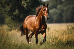Brown horse galloping in the field. Illustration AI Generative photo