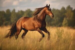 Brown horse galloping in the field. Illustration photo