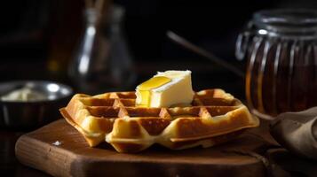 Waffle with butter and maple syrup Illustration photo