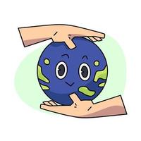 Vintage happy cute Earth planet character mascot being held in high esteem by hand. Vector illustration