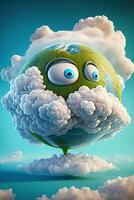 3d ultra realistic cartoon illustration of planet earth surrounded by clouds, photo