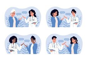 Doctors and patients of different races and ages. Male and female doctors talking to patients during consultation. vector