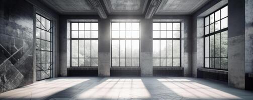 Abstract grey room with light and windows. Illustration photo