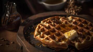 Waffle with butter and maple syrup Illustration photo