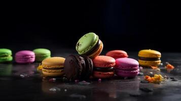 Multi flavored macaroons against dark background. Illustration photo