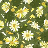 Vector seamless floral pattern with white and yellow flowers on green background.