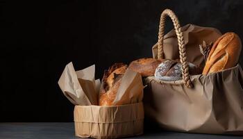 Paper bag with bread and basket of pastry. photo