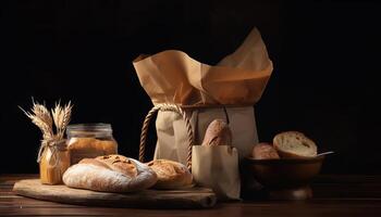 Paper bag with bread and basket of pastry. photo