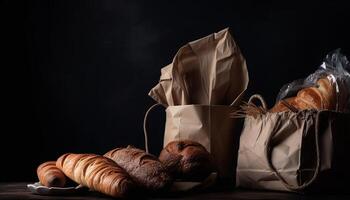 Paper bag with bread and basket of pastry. photo