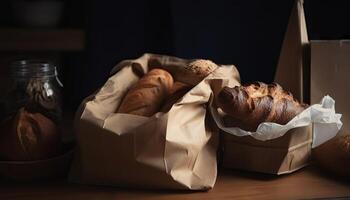 Paper bag with bread and basket of pastry. photo