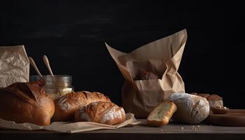 Paper bag with bread and basket of pastry. photo