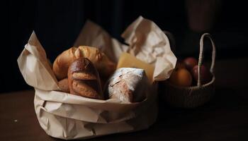 Paper bag with bread and basket of pastry. photo