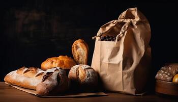 Paper bag with bread and basket of pastry. photo