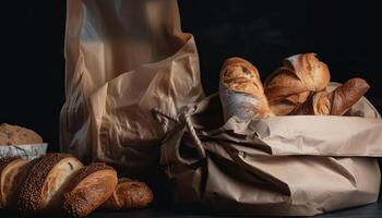 Paper bag with bread and basket of pastry. photo