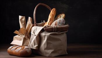 papel bolso con un pan y cesta de Pastelería. generativo ai foto