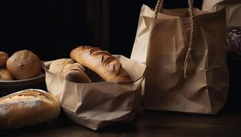 Paper bag with bread and basket of pastry. photo