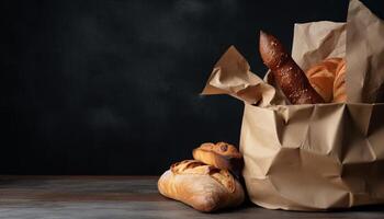 Paper bag with bread and basket of pastry. photo