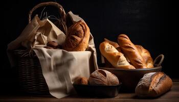 Paper bag with bread and basket of pastry. photo