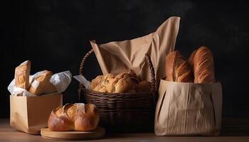 Paper bag with bread and basket of pastry. photo