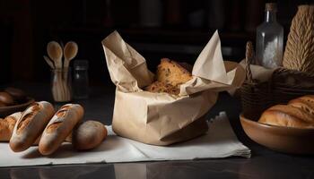 Paper bag with bread and basket of pastry. photo