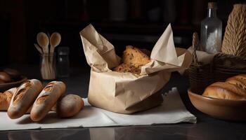 Paper bag with bread and basket of pastry. photo