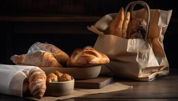 Paper bag with bread and basket of pastry. photo