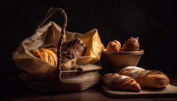 Paper bag with bread and basket of pastry. photo