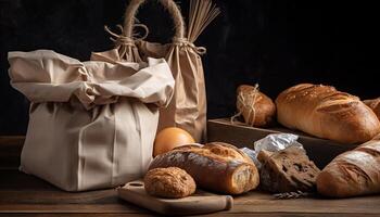 Paper bag with bread and basket of pastry. photo