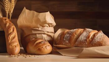 Paper bag with bread and basket of pastry. photo