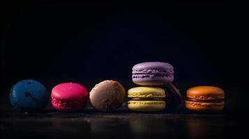 Multi flavored macaroons against dark background. Illustration photo