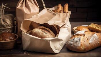 Paper bag with bread and basket of pastry. photo