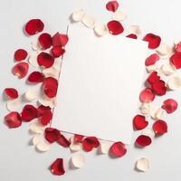 Empty white card mockup on rose petals background. Illustration photo