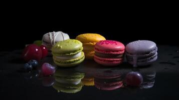 Multi flavored macaroons against dark background. Illustration photo