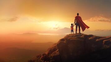 Father's Day Background. Superhero Father with Child. Illustration photo